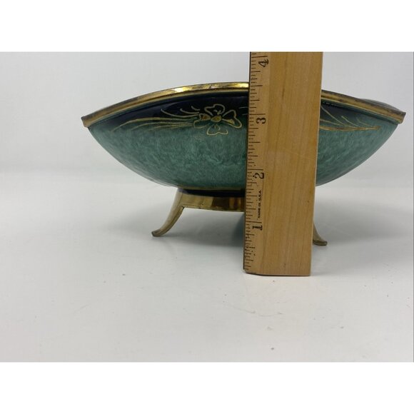 Vintage MCM Oppenheim Teal Green Enamel Triangular Footed Bowl Gold Brass Israel - Picture 9 of 9